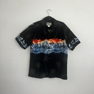 KYS Vintage 90s Hawaiian Mens Black Wild Horses Sunset Beach Short Sleeve Shirt
